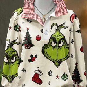 Festive Grinch Print Blouse with Red Collar